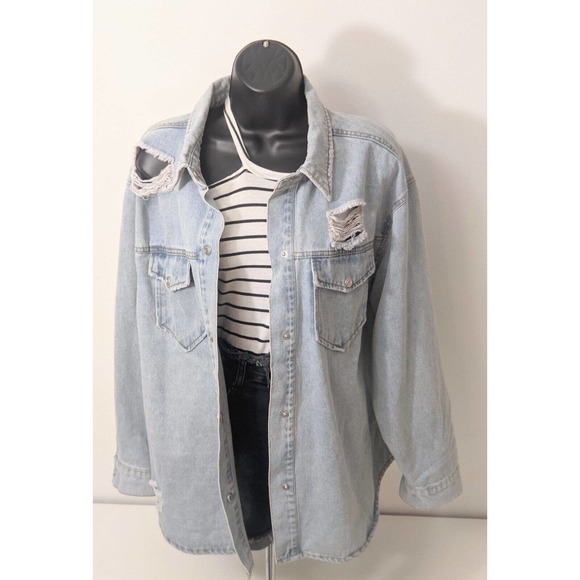 Ci Sono Womens Distressed Denim Jean Curved Hem Pockets Y2K 90s Jacket Shirt Top - Picture 12 of 14